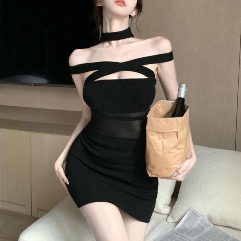 Design Sense Niche Black Spice Girl One-word Shoulder Korean Dress Women's Thin Sexy Hip Skirt