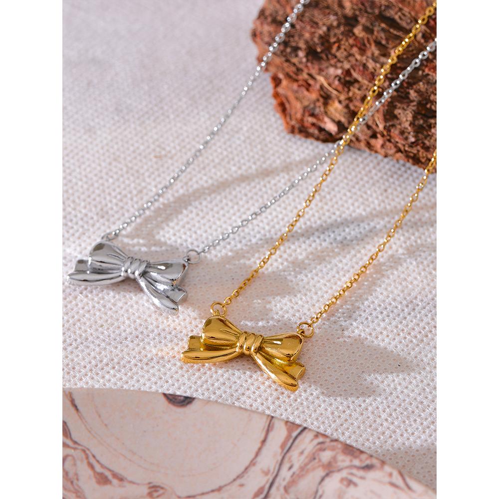 Yhpup Hot Style Metal Bowknot Bow Pendant Necklace Fashion Stainless Steel Water Resistant Attractive Trendy Jewelry Gift