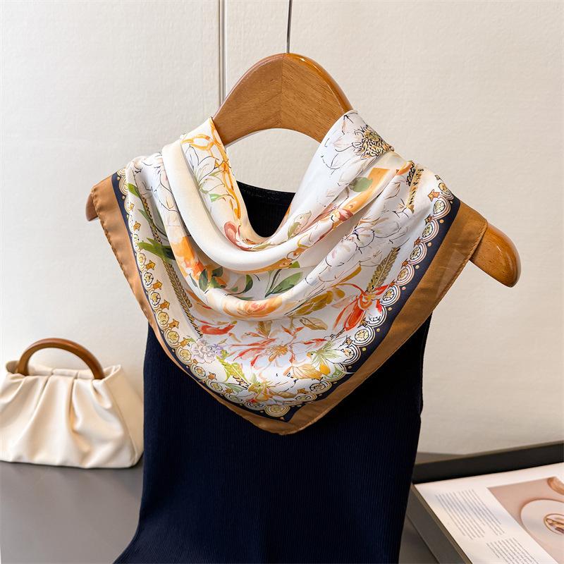 Summer Sunscreen Flowers Print 70Cm Square Beach Silk Scarf Casual Women Headband Bandana Hair Scarves Shawl Bag Handle Ribbon