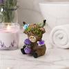 Cute Farmhouse Shelf Decorations Lavender Highland Cow Resin Figurine, Fluffy with Butterfly Bow & Floral Wreath, Romantic Room Atmosphere Decor