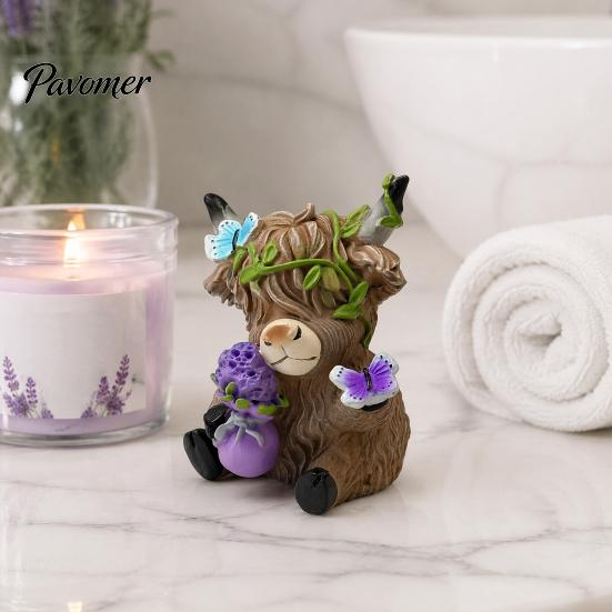 Cute Farmhouse Shelf Decorations Lavender Highland Cow Resin Figurine, Fluffy with Butterfly Bow & Floral Wreath, Romantic Room Atmosphere Decor