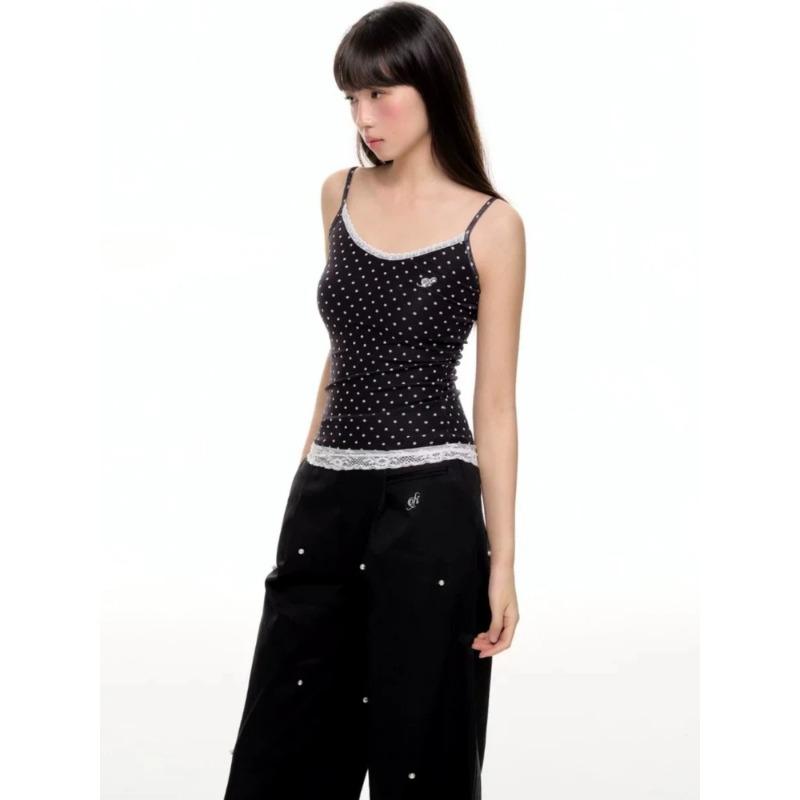 Kawaii Sweet Lace Tanks Women Korean Fashion Y2k Harajuku Streetwear Polka Dot Printing Slim Tees Tops Soft Gril