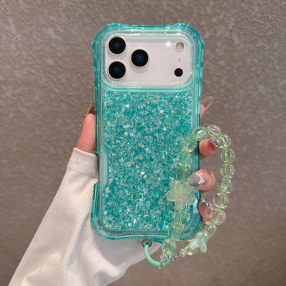 2-in-1 Four-corner Airbag Glitter Resin Bracelet Case For iPhone 17 Pro Max 17 Air 16e 16 Pro 15 Pro 14 + 13 12 11 Protect Cover
