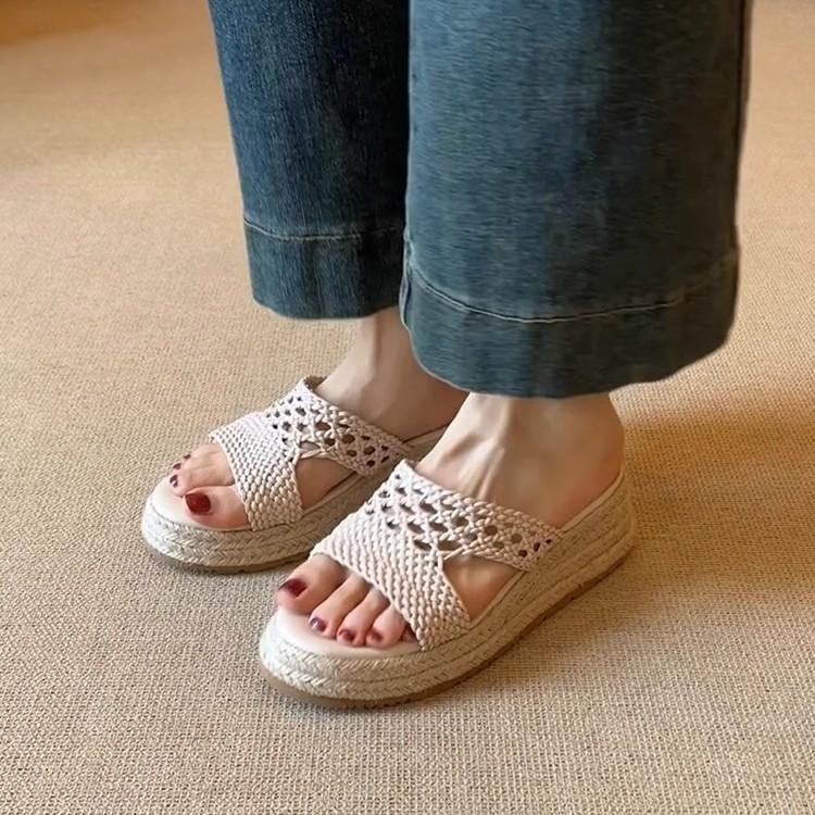Sheepskin version~ thick-soled straw-woven soft-soled one-word sandals women's retro woven round-head leather comfortable commuter fisherman shoes