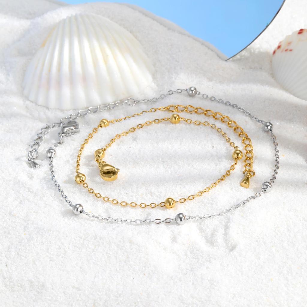 Stainless Steel Beaded Chain Anklet for Women,Summer Vacation Waterproof Anklets,Classic Jewelry Gifts
