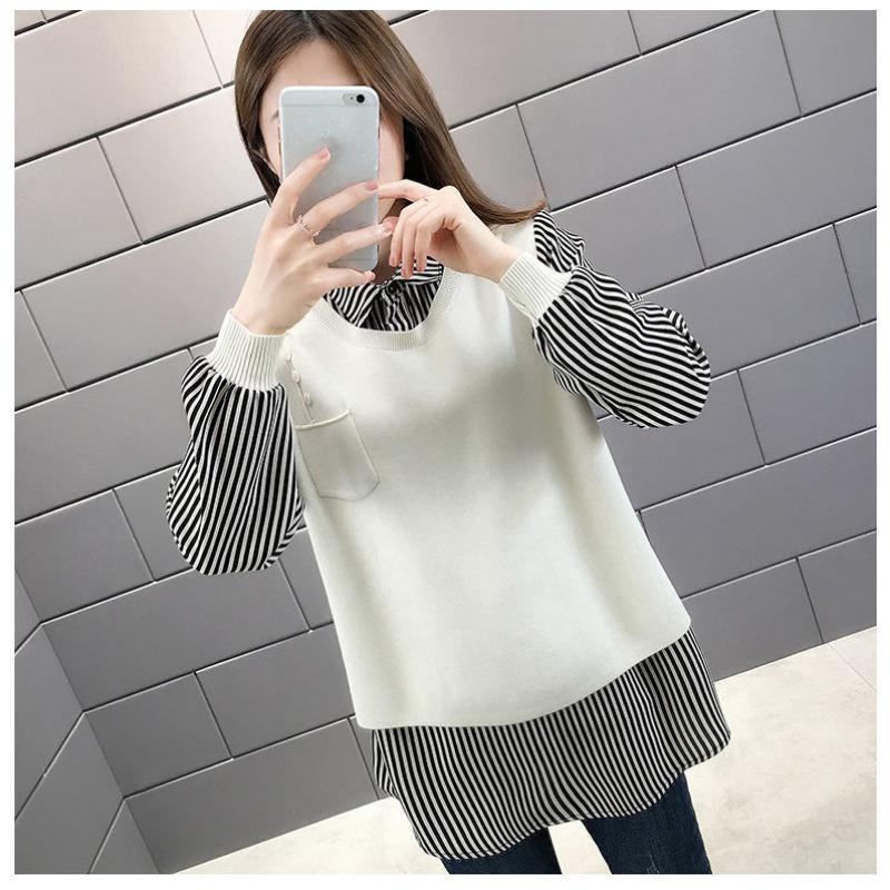 Korean Fashion Fake Two Pieces Blouse Women Casual O-neck Long Sleeve Patchwork Tops
