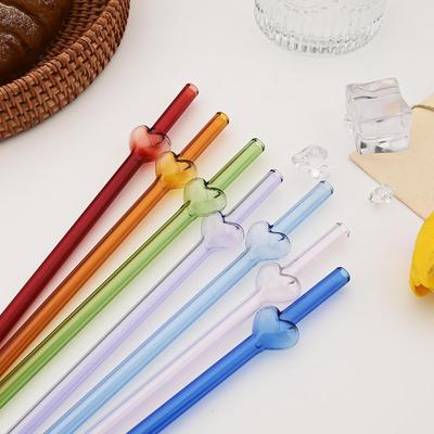 6-piece Reusable Glass Straws Set with Cute Heart Shape Clear Drinking Straws Set Party Fun Straws Include 2 Cleaning Brushes for Cocktail Juice