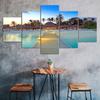 Beach Resort Palm Trees Wooden Bridge Blue Sky 5 Piece Five Panel Canvas Print Modern Wall Art Poster Home Decor Gift For Him For Her