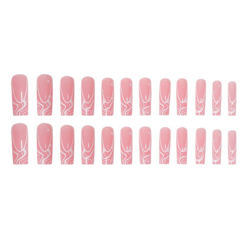 Long Wearable Press-On Nails With Pearl Line Design French Tip Acrylic Nail Tips Removable Gel Adhesive