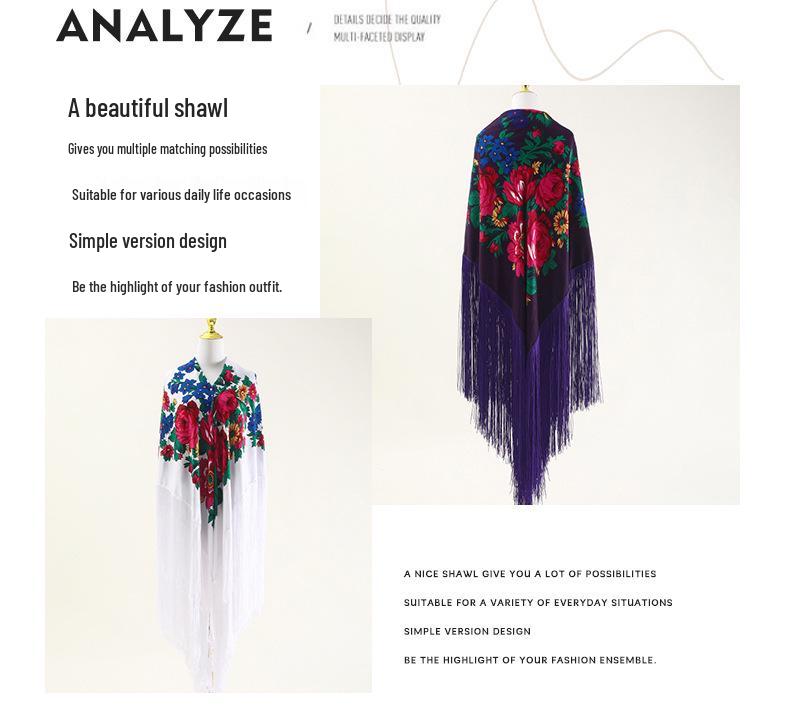 Elegant Long Tassel Peony Flower Shawl Scarf - Ethnic Retro Style, 50cm.