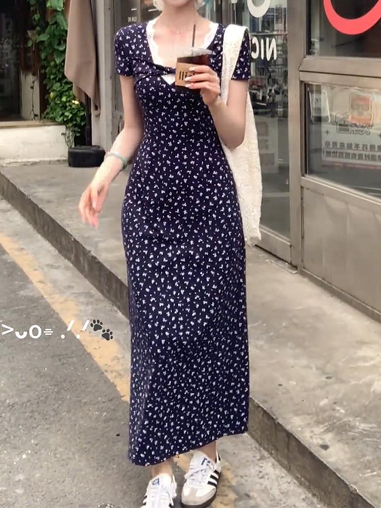 French Blue Floral Lace Midi Dress - Waist-Cinched Slimming Style for Women, Summer 2026 Trend. M