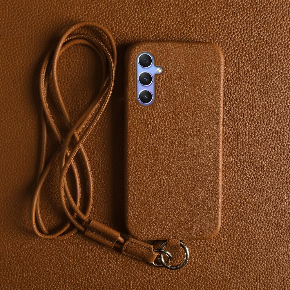 For Samsung Galaxy A34 5G Case with Lanyard Genuine Cow Leather PC Phone Back Cover