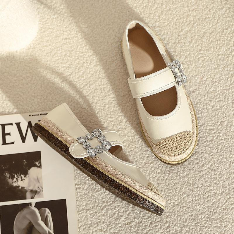 Fashion Silver Glitter Sequins Espadrilles Shoes Woman Fisherman Loafers Rhinestone Buckle Belt Flats Moccasines Ladies Hemp Mary Janes