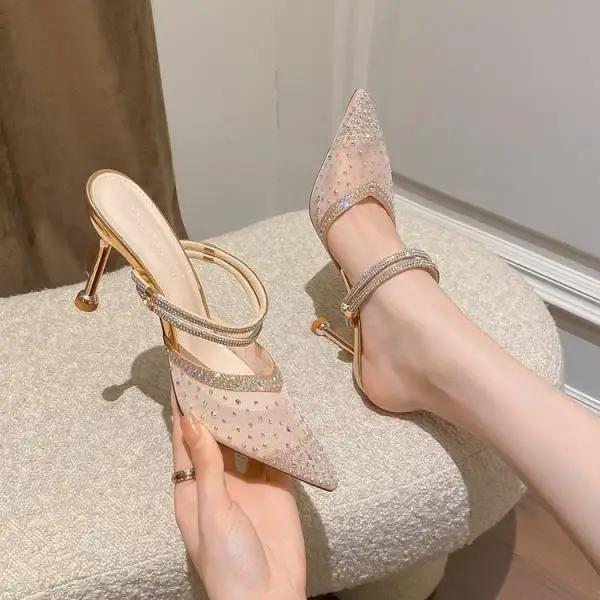 Dünne Absätze Schuhe Cover Toe Niedrige Damen Hausschuhe Glitzer Slides Spitz Gelee Sommer PU Gummi Rom Stoff Kristall Skandale