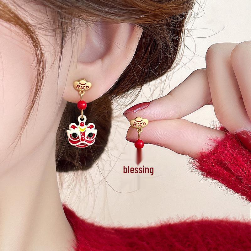 Red Bow Coin Purse Earrings: Silver Needle Retro Snake Lock Studs, New Year High-End Ear Jewelry.