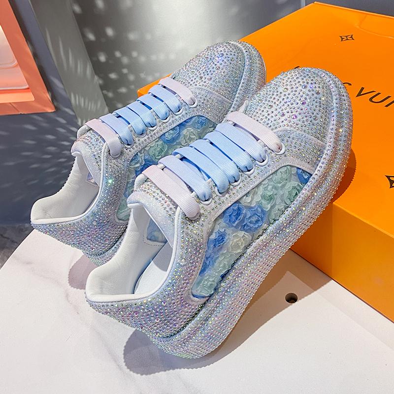 Fashion 4.5cm Micrifiber Synthetic Leather Autumn Chunky Sneakers Crystal Breathable Platform Wedge Women Vulcanize Bling Shoes