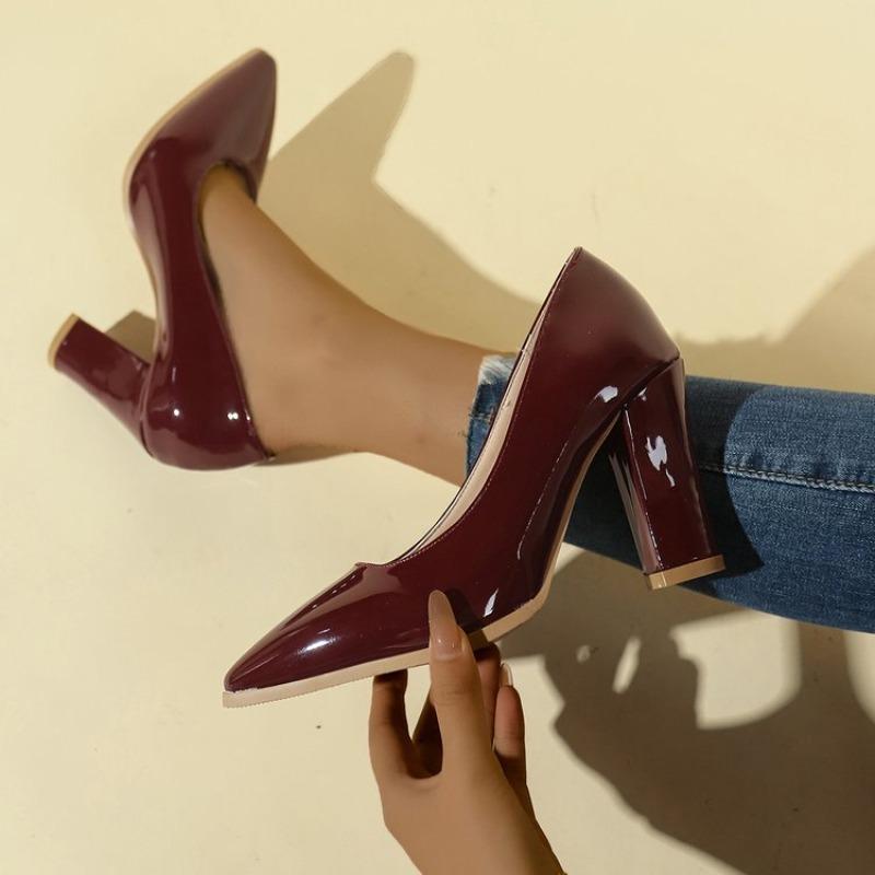 New Popular Square Heels Pumps Women Shoes Patent Leather Sexy Wedding Party Official Leisure Super Big Size