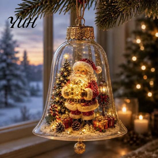 Vintage Christmas Tree Decor 3D Bell Ornament, Winter Scene Clear Decoration with Santa Holiday Home Atmosphere Enhancements Snowman Reindeer