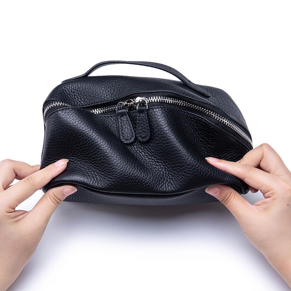 Leather Portable Makeup Bag, Large-capacity Simple Style Hand-held Toiletry Bag, Genuine Leather Travel Storage Bag