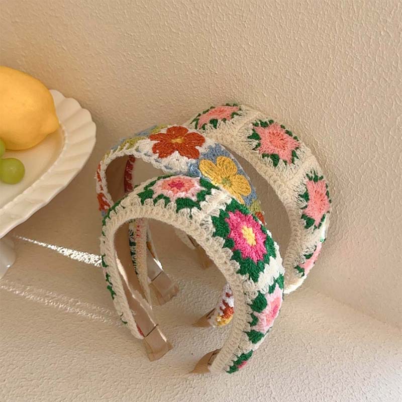 Bohemian Colorful Knitted Hollow Flowers Headband for Women Girls Fashion Wide Floral Hairband Hair Accessories Headwear