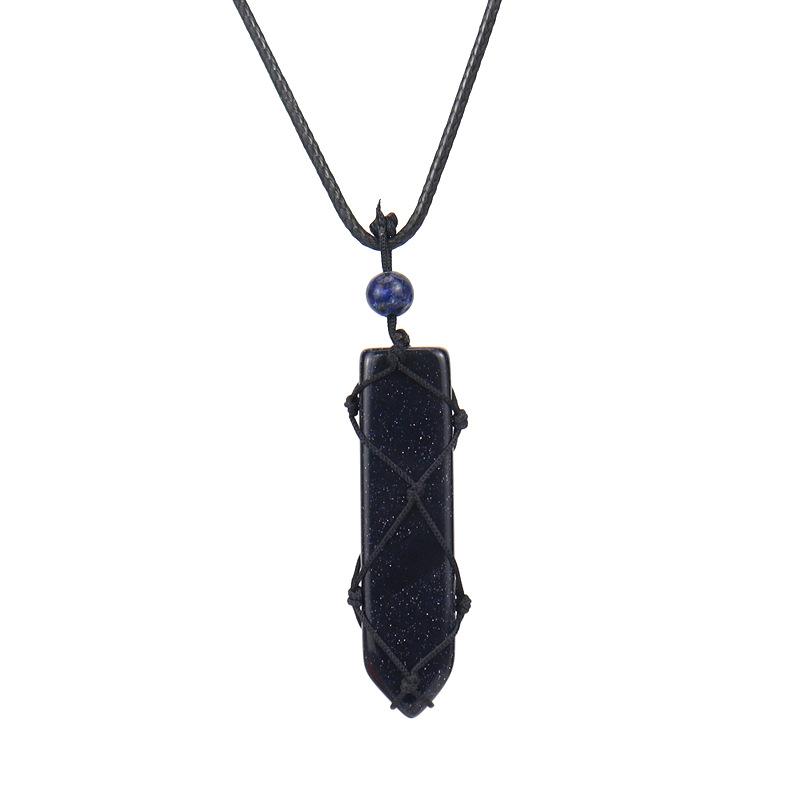 Hand-Woven Natural Stone Crystal Amethyst Sword-Shaped Mesh Pocket Pendant Necklace N578