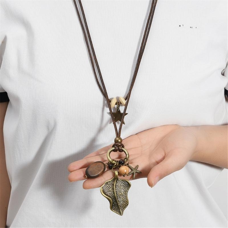 Artisanal Crafted Beaded Leaf Necklace Soft Wax Cord Multi Material Layering Design Versatile Jewelry Gift