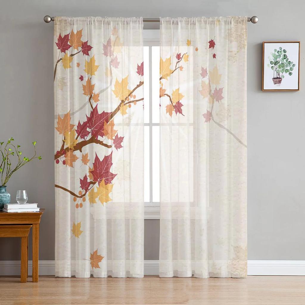 Light Filtering Green Branches Plant Leaves Tulle Curtains Living Room Bedroom Decoration Transparent Chiffon Voile Window Curtain Polyester Washable