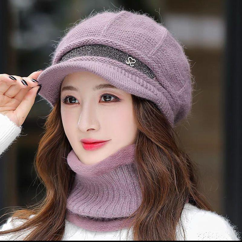 Strickmütze Damen Vielseitige Mütze Schal Zweiteiliges Set Winter Geeignet für großes Gesicht Warm und Samt Mutterhut