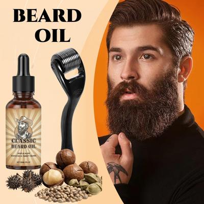 Men's Beard Care Kit – Nourishing Beard Serum + Roller. Provides Moisturizing Shine and Smoothness. Gentle and Alcohol-free.