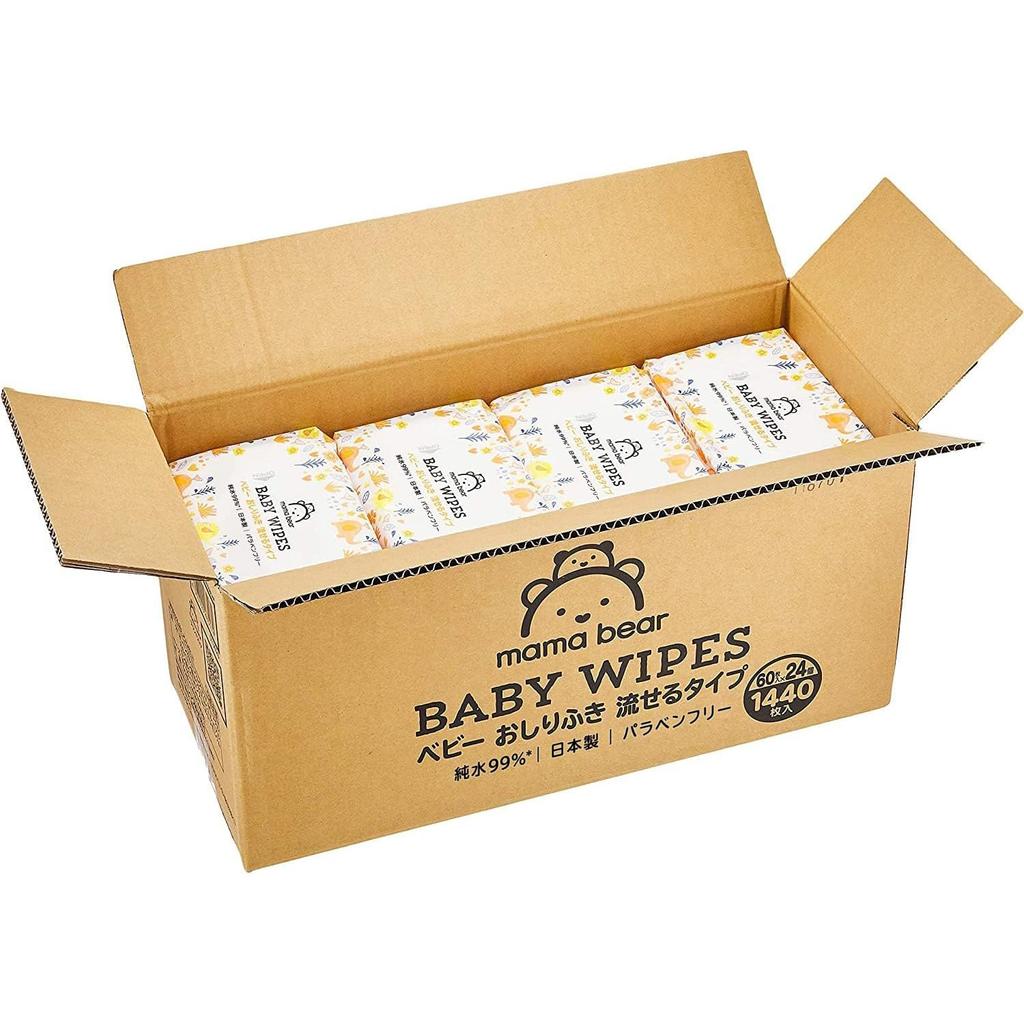 Amazon-Marke: Mama Bear Babytücher Pure Flushable, 60 Stück x 24 Stück, hergestellt in Parabenen, unparfümiert [spülbare Tücher], 99,9 % Wasser, Typ, (1440 Teile)