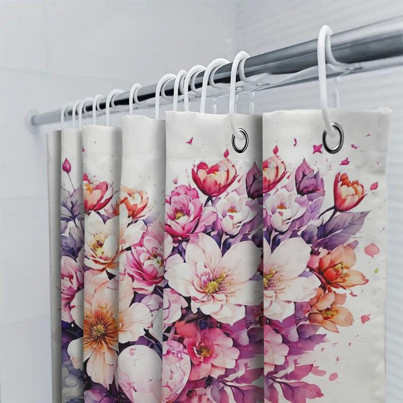 Watercolor Floral And Heart Print Shower Curtain For Bathroom Decoration