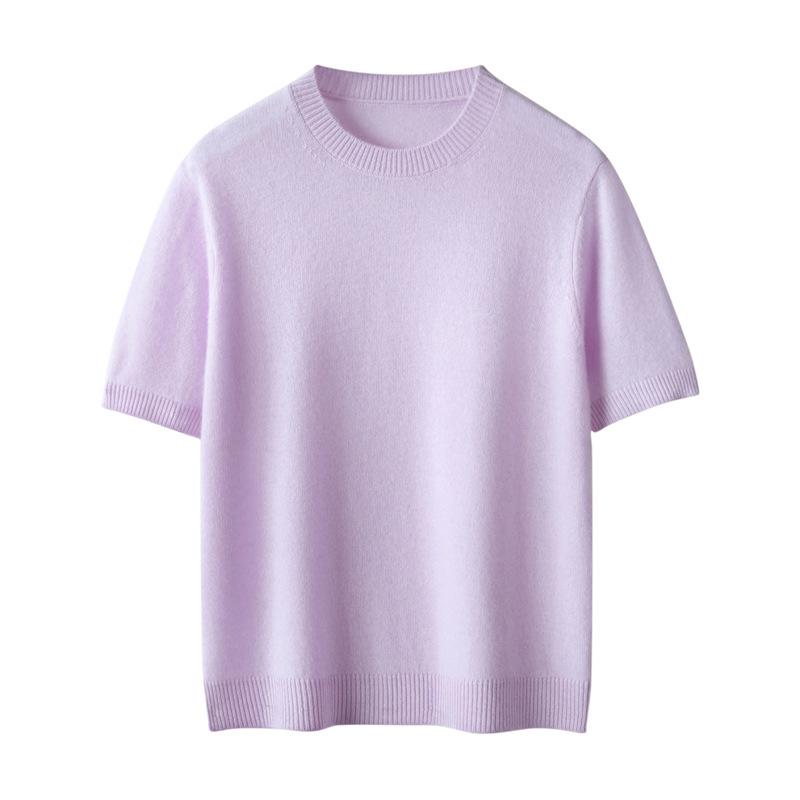 Solid Color Cashmere Blend Sweater, Lightweight, Short-Sleeved, Round Neck, Relaxed Fit, Five-Point Sleeves, Ideal for Layering