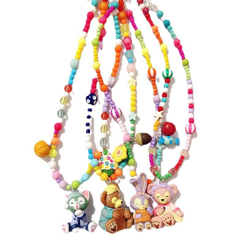 Colorful Cartoon Beaded Choker Necklace for Children Featuring Duffy Bear, ShellieMay, and StellaLou with Painter Hat.