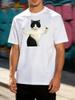 Unisex Crew Neck Tee Funny Muscular Bicolor Cat Meme Print Short Sleeve Loose Street Casual Summer Daily Top For Young Adult Males