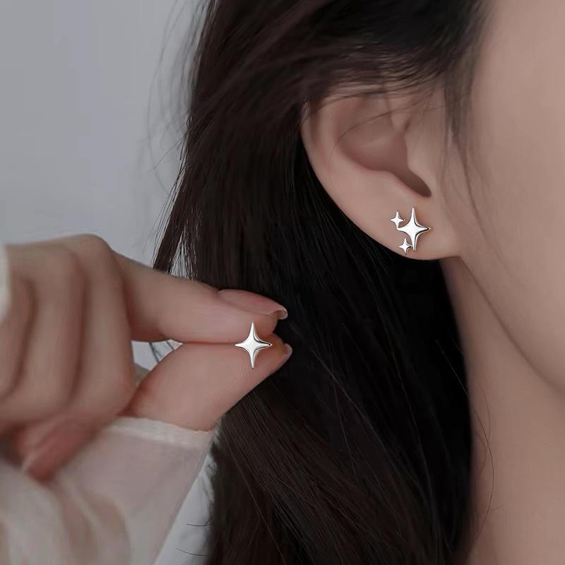 Beixi S925 Sterling Silver Asymmetrical Four-Pointed Star Earrings & Ear Cuff for Women 925 Silver