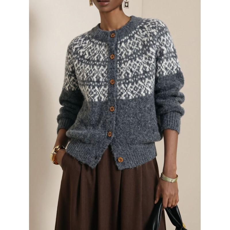 Womens Fair Isle Knit Cardigan Sweater Loose Fit Round Neck Warm Long Sleeve Outerwear