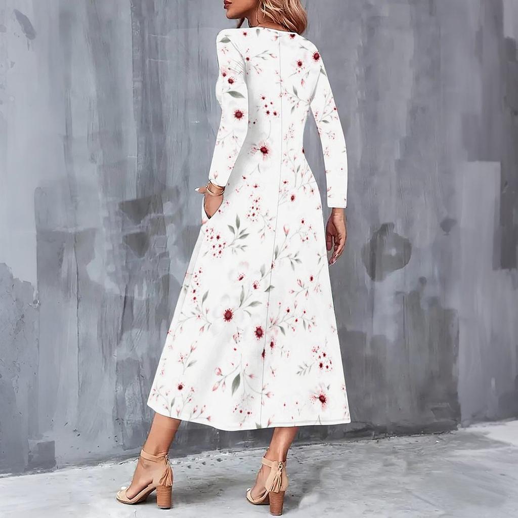 Women Plus Size V Neck Long Sleeve White Floral Printed A Line Midi Dress With Pockets