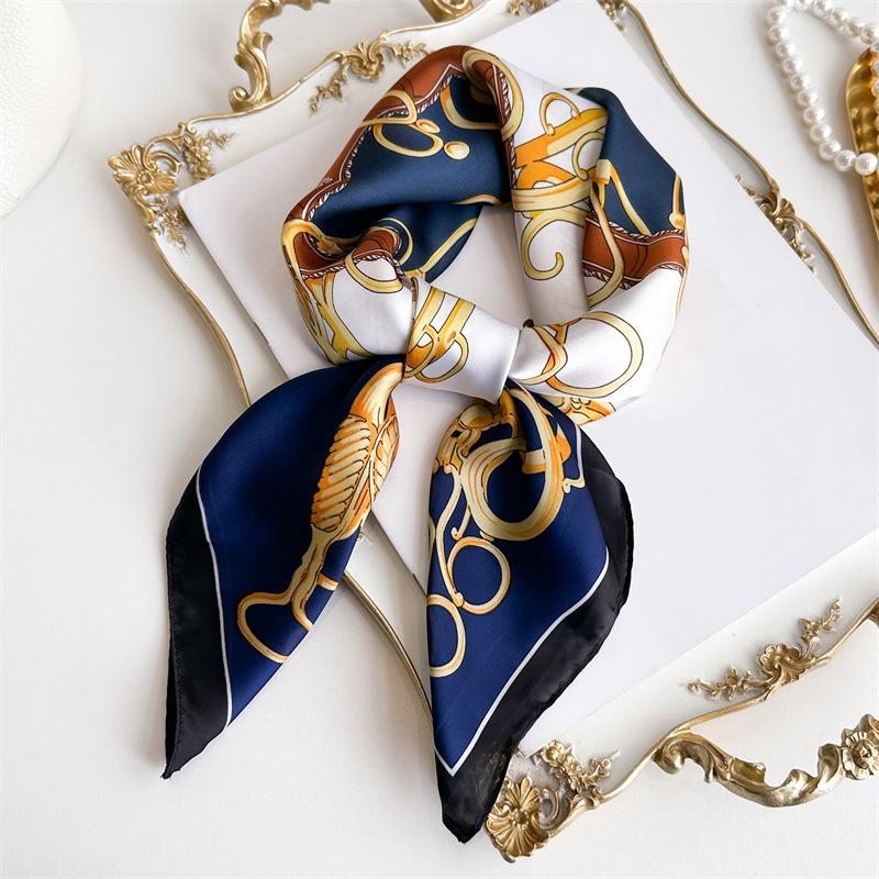 Chain Fashion Women's Sunscreen Shawl Scarf Square Scarf Professional Simulation Silk Scarf Spring and Summer 71cm Versatile Silk Scarf New