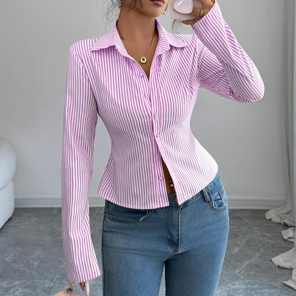 Dámská módní pruhovaná košile s dlouhým rukávem a zapínáním na knoflíky