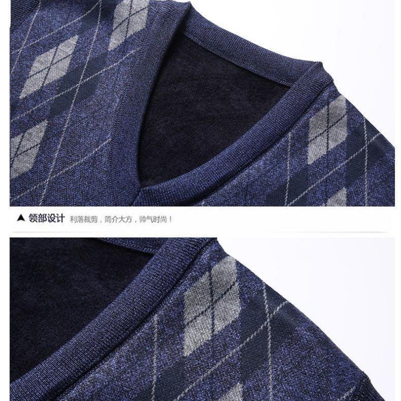Men's Winter Knit Fleece Sweater Vest Retro Sleeveless V Neck Pullovers Sweater Knitwear Plaid Man Clothes Warm Bottoming Vest