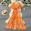 Spring women's dress French high-end strap waist V-neck irregular printed chiffon dress