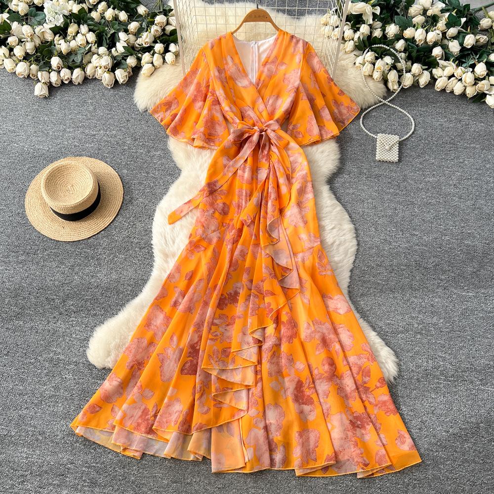 Spring women's dress French high-end strap waist V-neck irregular printed chiffon dress