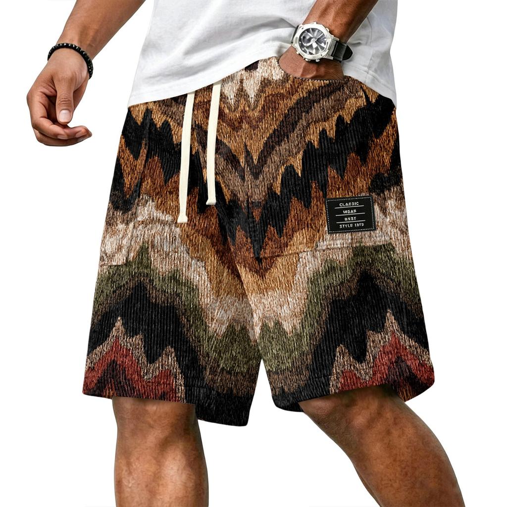 Men Casual Corduroy Drawstring Shorts Gradient Pattern Elastic Waistband Comfortable Fit Suitable for Everyday Wear