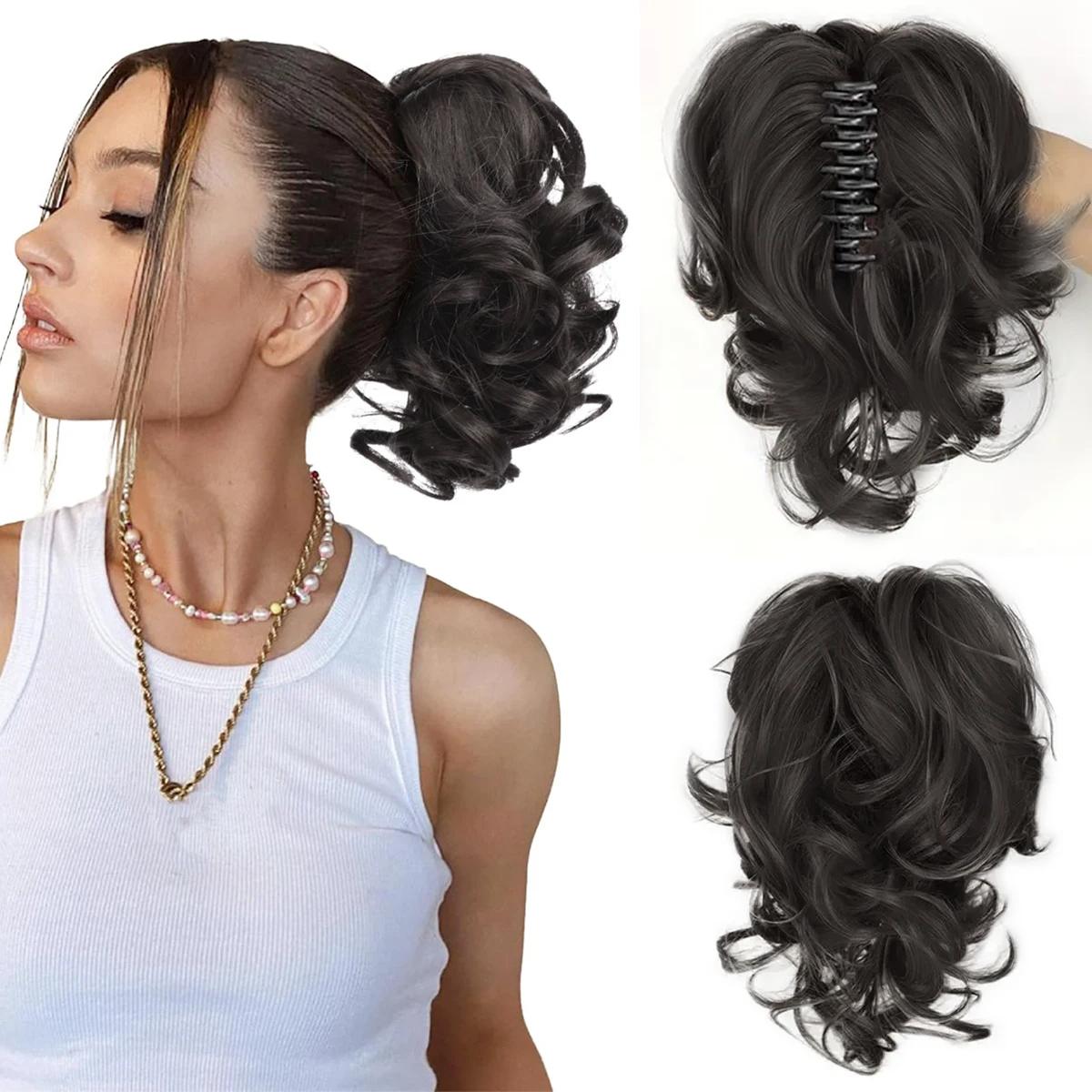 

Парик «конский хвост» с большой заколкой, коса из натурального синтетического волокна, модный пушистый короткий хвост с большой волной 10inch