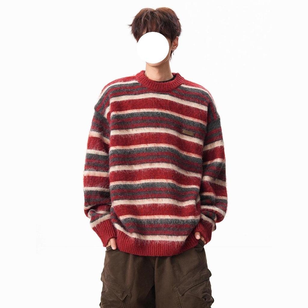 Unisex Retro Rot Gestreifter Mohair Pullover – Herbst/Winter Stil