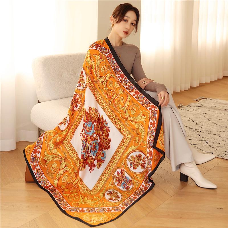 European and American retro printing silk scarf simulation silk large shawl travel sunscreen decoration autumn and winter scarf silk scarf new