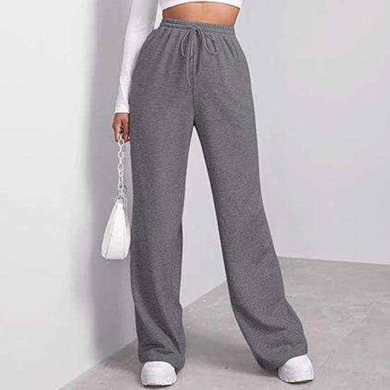 Women Wide Leg Pants Elastic High Waist Adjustable Drawstring Pure Color Long Sweatpants with Pockets Casual Lounge Pants Daily Wear