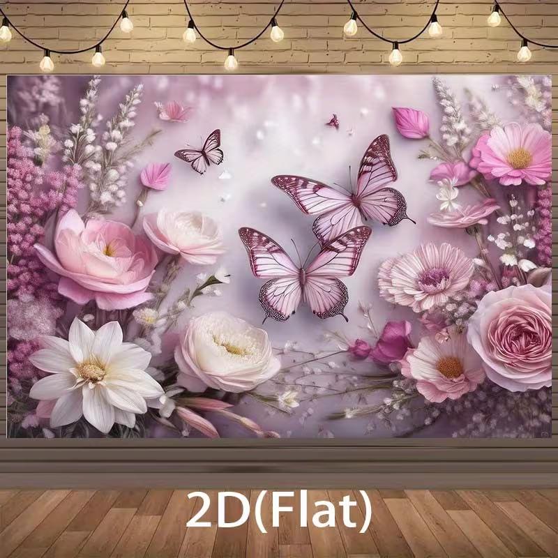 

2D Dreamy Pink Butterfly Backdrop, Flower Arrangement Photography Banner 47.2x31.5inch/120*80cm