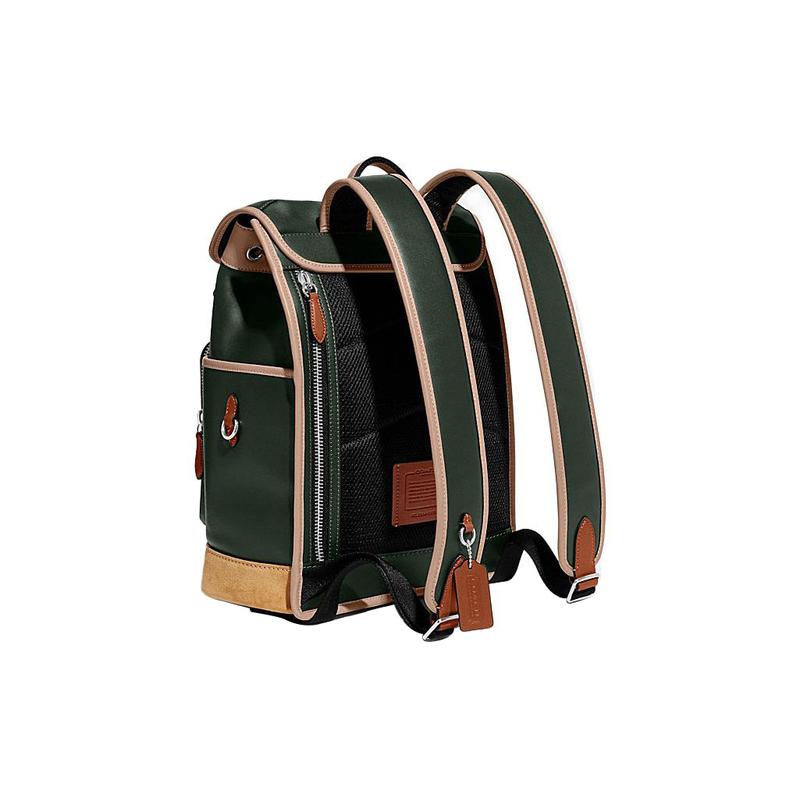 COACH League 28 drawstring and buckle closure color combination cow leather patchwork school bag backpack backpack large size women's green and beige