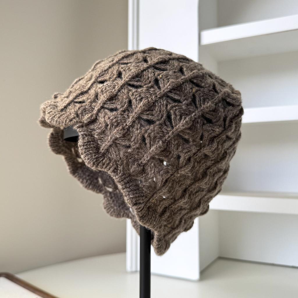 Wool Knitted Baotou Hat Autumn and Winter Warm Cold Hat Fashion Hollow Handmade Crocheted Pullover Hat Fashionable Women's Cold Hat